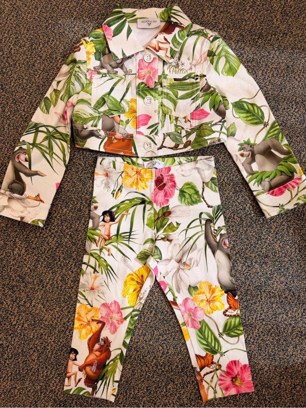 MonnaLisa White Jungle Floral Kids Pajama Set with Pink & Yellow Accents